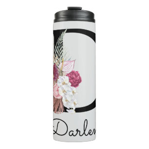 Monogrammed Pink Boho Floral Initial D Thermal Tumbler