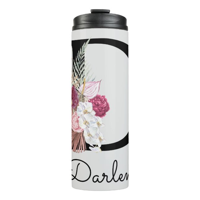 Monogrammed Pink Boho Floral Initial D Thermal Tumbler (Front)