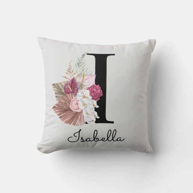 Monogrammed Pink Boho Floral Initial I Throw Pillow (Front)