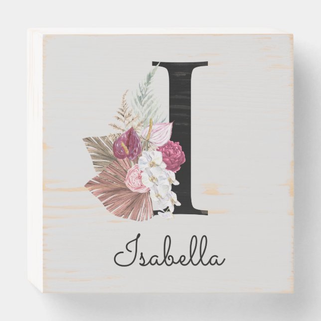 Monogrammed Pink Boho Floral Initial I Wooden Box Sign (Front Horizontal)