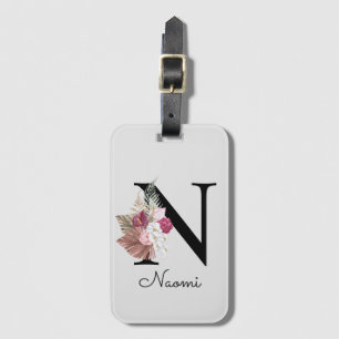 Monogrammed Pink Boho Floral Initial N Luggage Tag