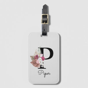 Monogrammed Pink Boho Floral Initial P Luggage Tag