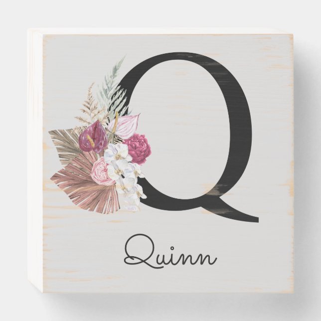Monogrammed Pink Boho Floral Initial Q Wooden Box Sign (Front Horizontal)