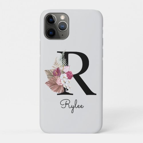 Monogrammed Pink Boho Floral Initial R iPhone 11 Pro Case