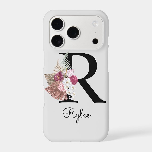 Monogrammed Pink Boho Floral Initial R Iphone Case (Back)