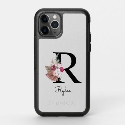 Monogrammed Pink Boho Floral Initial R OtterBox Symmetry iPhone 11 Pro Case