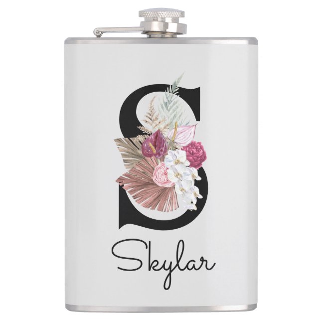 Monogrammed Pink Boho Floral Initial S Flask (Front)