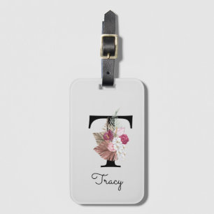 Monogrammed Pink Boho Floral Initial T Luggage Tag