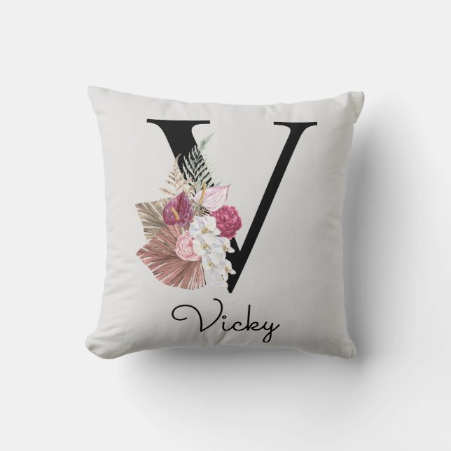 Monogrammed Pink Boho Floral Initial V Throw Pillow (Front)