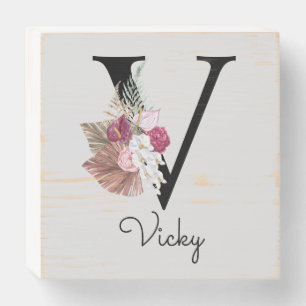 Monogrammed Pink Boho Floral Initial V Wooden Box Sign