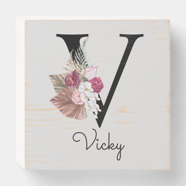 Monogrammed Pink Boho Floral Initial V Wooden Box Sign (Front Horizontal)