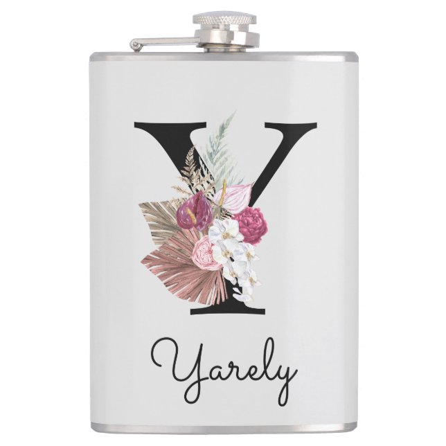Monogrammed Pink Boho Floral Initial Y Flask (Front)