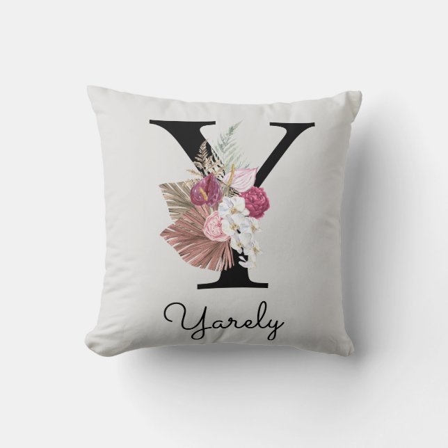 Monogrammed Pink Boho Floral Initial Y Throw Pillow (Front)
