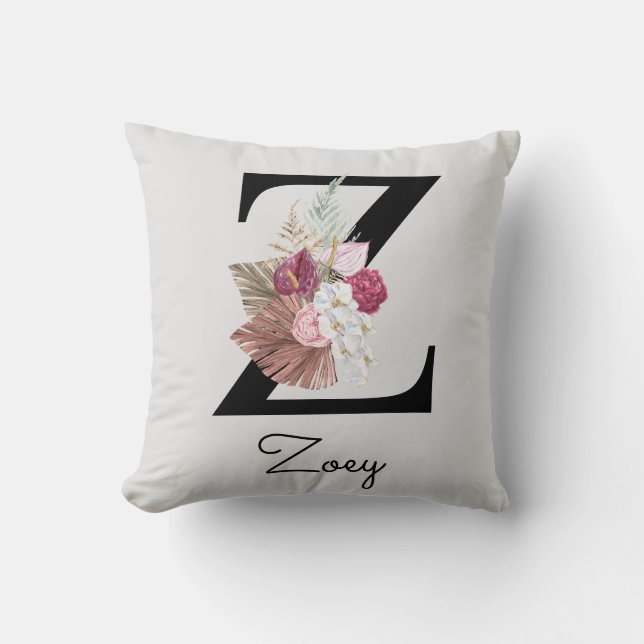 Monogrammed Pink Boho Floral Initial Z Throw Pillow (Front)
