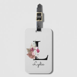 Monogrammed Pink Boho Girly Floral Initial L Luggage Tag