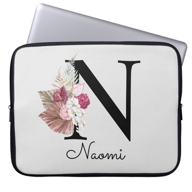Monogrammed Pink Boho Girly Floral Initial N Laptop Sleeve (Front)