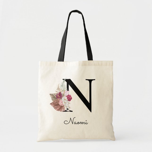 Monogrammed Pink Boho Girly Floral Initial N Tote Bag (Front)