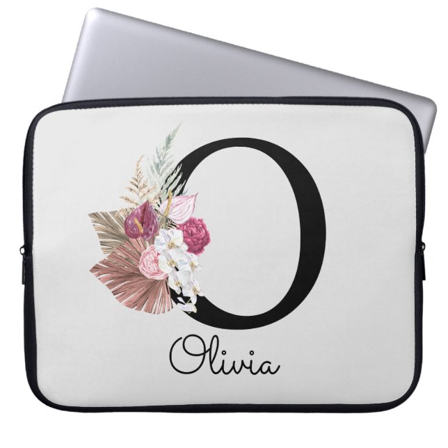 Monogrammed Pink Boho Girly Floral Initial O Laptop Sleeve (Front)