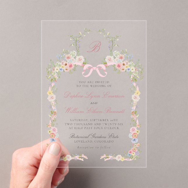 Monogrammed Pink Bows and Wildflowers Wedding Acrylic Invitations (Insitu (Handheld))