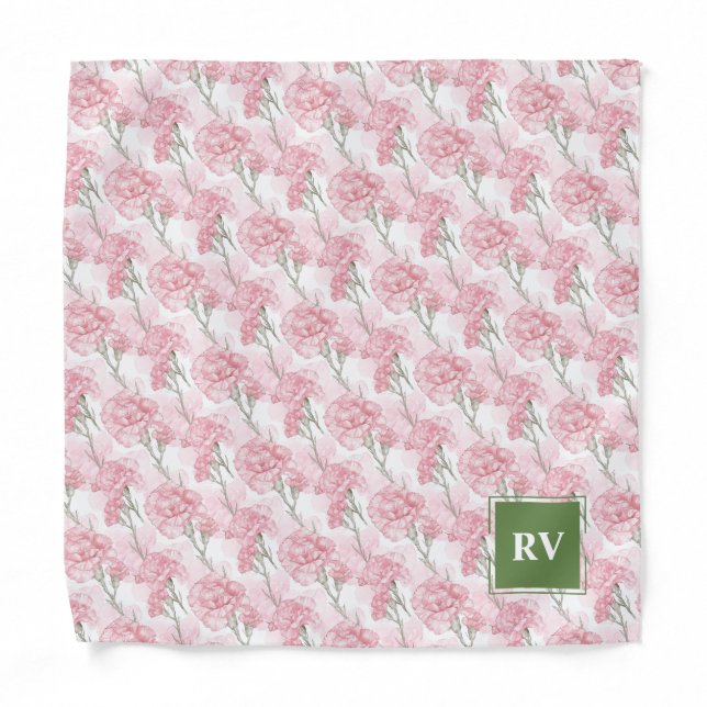 Monogrammed Pink Carnations Wedding Pocket Square Bandana (Front)