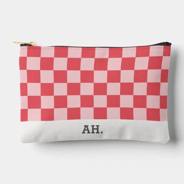 Monogrammed Pink Checkerboard Accessory Pouch (Front)