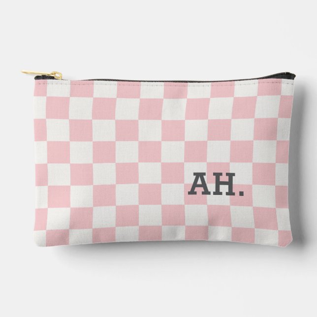 Monogrammed Pink Checkerboard Accessory Pouch (Front)