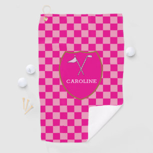 Monogrammed Pink Checks & golf club & flag Golf To Golf Towel