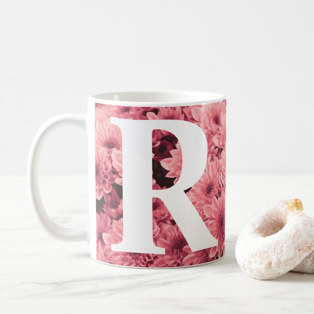 Monogrammed Pink Chrysanthemum Mug (With Donut)