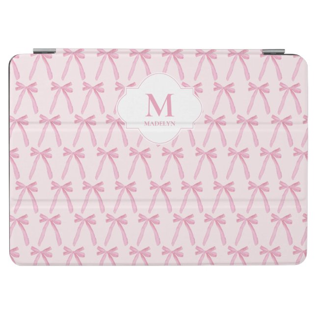 Monogrammed Pink Coquette bow pattern personalized iPad Air Cover (Horizontal)