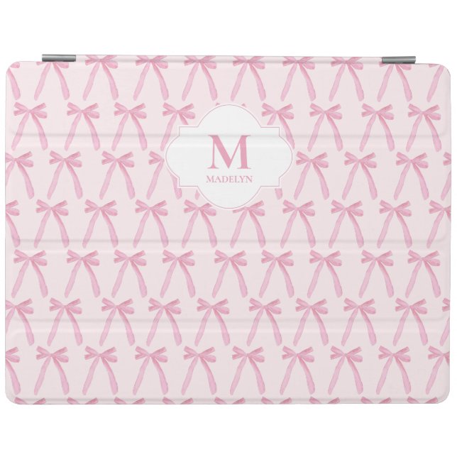 Monogrammed Pink Coquette bow pattern personalized iPad Air Cover (Horizontal)