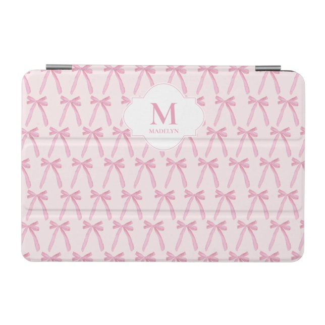 Monogrammed Pink Coquette bow pattern personalized iPad Mini Cover (Horizontal)