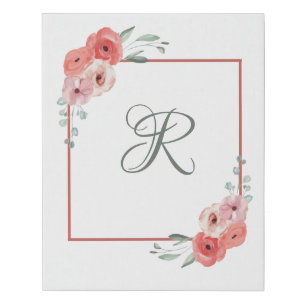 Monogrammed Pink Coral and White Green Floral Faux Canvas Print