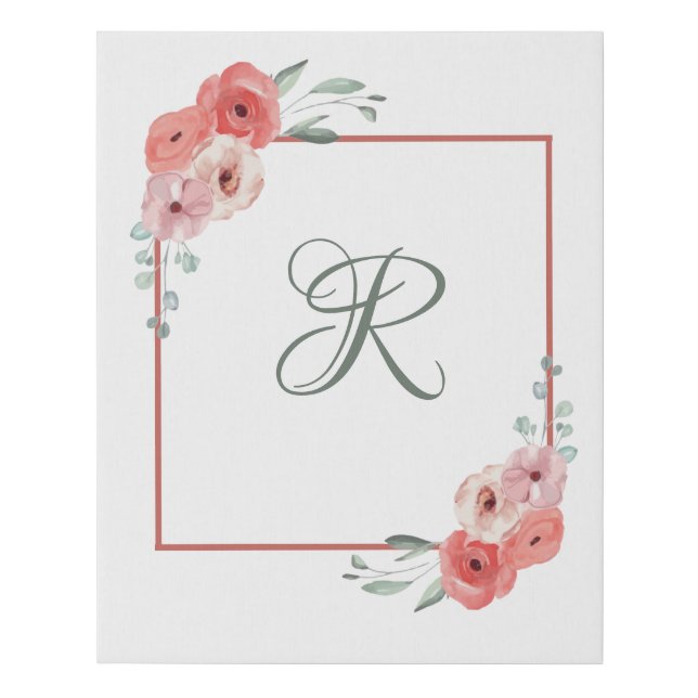 Monogrammed Pink Coral and White Green Floral  Faux Canvas Print (Front)