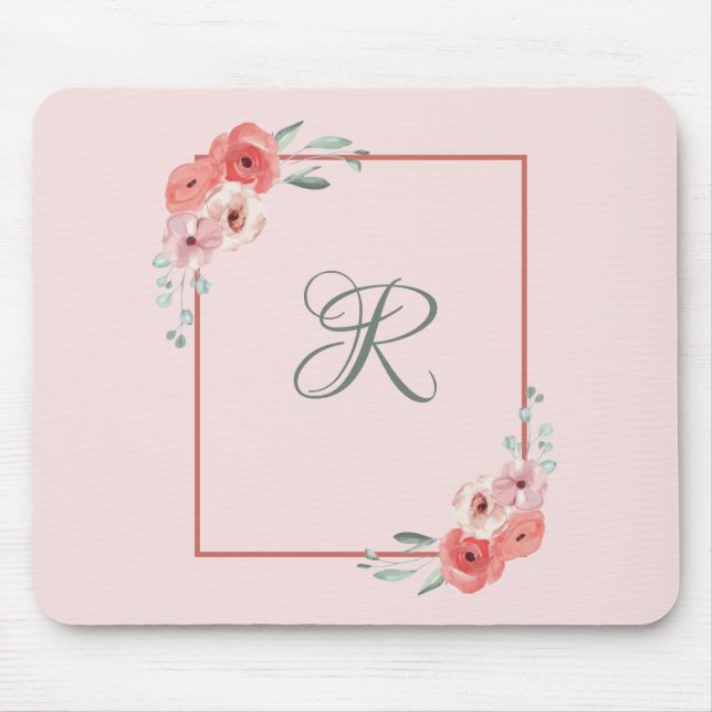 Monogrammed Pink Coral and White Green Floral  Mouse Pad (Front)