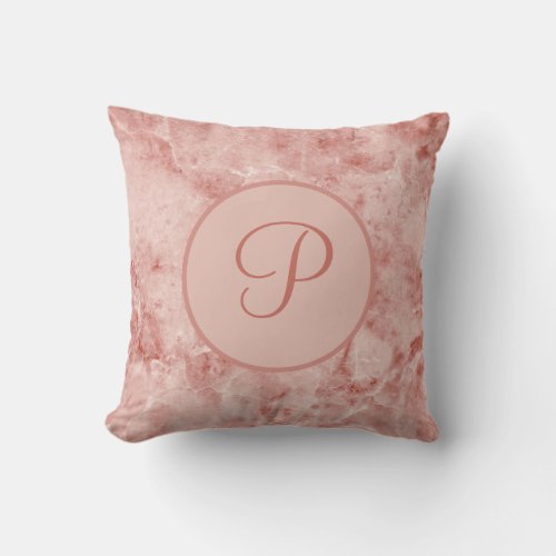 Monogrammed Pink Coral and White Marble Throw Pillow