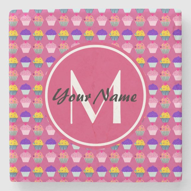 Monogrammed Pink Cupcakes, Personalized Name Stone Coaster (Front)