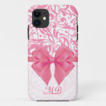 Monogrammed Pink Damask And Pink Ribbon Iphone 11 Case at Zazzle