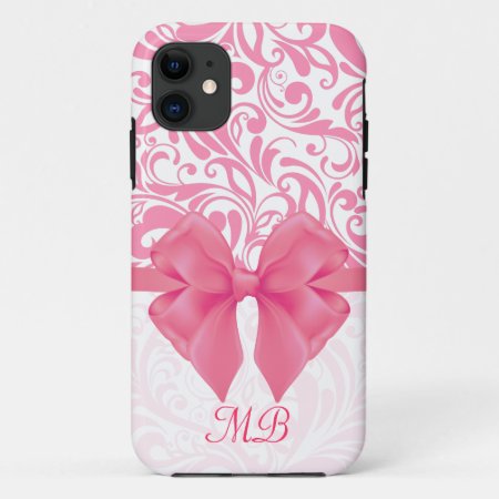 Monogrammed Pink Damask And Pink Ribbon Iphone 11 Case