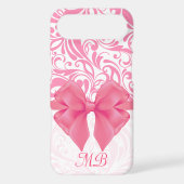 Monogrammed Pink Damask and Pink Ribbon Case-Mate iPhone Case (Back)