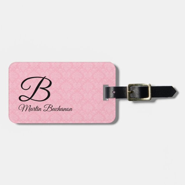 Monogrammed Pink Damask for Travelers Luggage Tag (Front Horizontal)