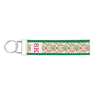 Monogrammed Pink & Damask Pattern Wrist Keychain