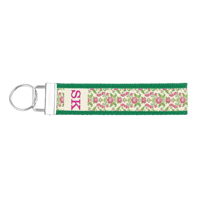 Monogrammed Pink & Damask Pattern Wrist Keychain (Keys on Left)