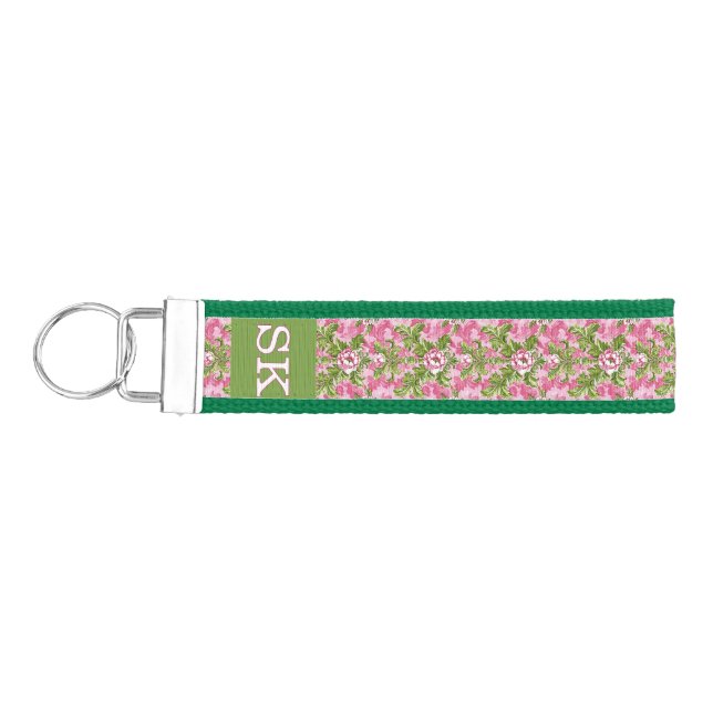 Monogrammed Pink & Damask Pattern Wrist Keychain (Keys on Left)