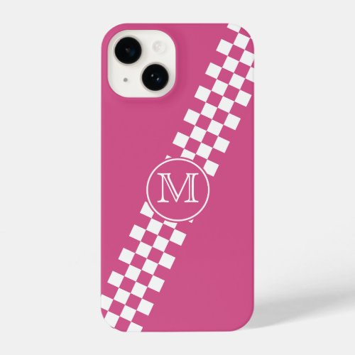 Monogrammed Pink Diagonal Racing Checks iPhone 14 Case