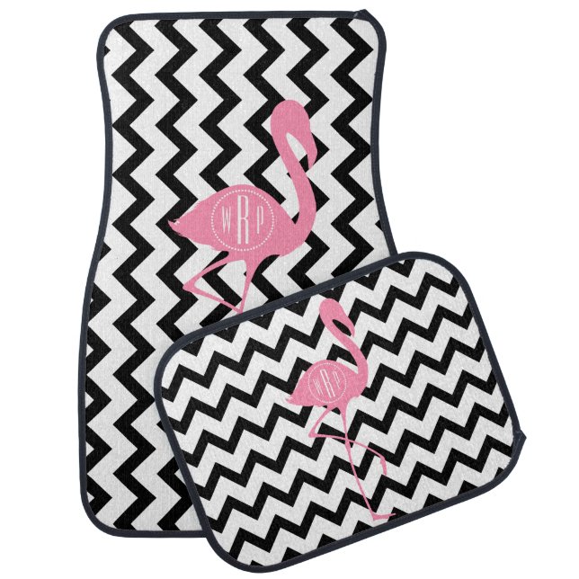 Monogrammed Pink Flamingo + Black Chevron Car Floor Mat (Set)