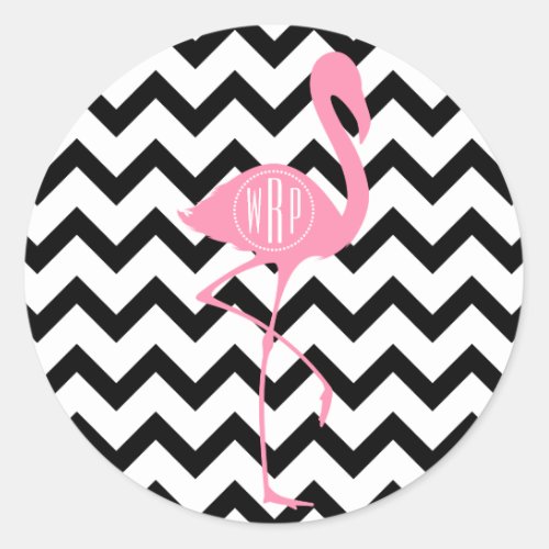 Monogrammed Pink Flamingo  Black Chevron Classic Round Sticker