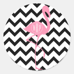Monogrammed Pink Flamingo + Black Chevron Classic Round Sticker