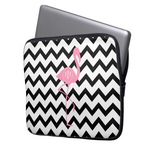 Monogrammed Pink Flamingo  Black Chevron Laptop Sleeve