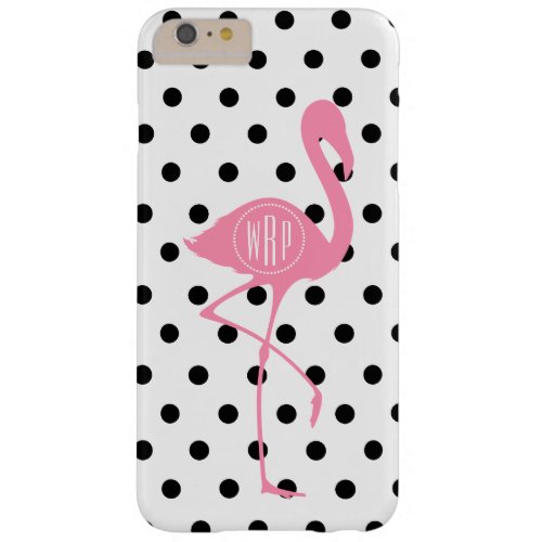 Monogrammed Pink Flamingo  Black Polka Dot Barely There iPhone 6 Plus Case
