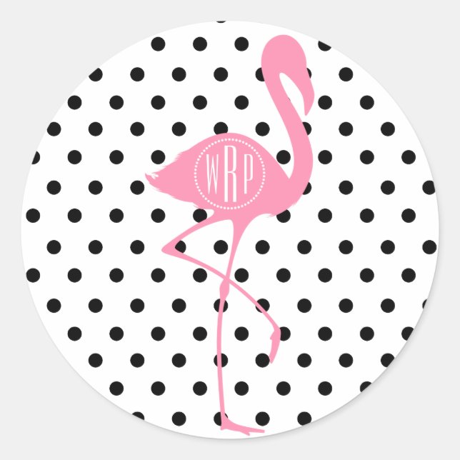 Monogrammed Pink Flamingo + Black Polka Dot Classic Round Sticker (Front)
